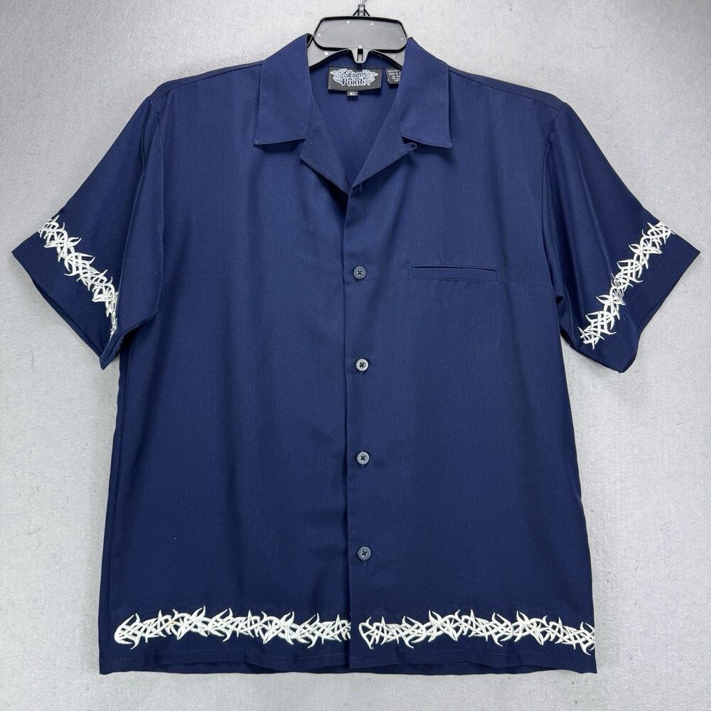 VTG Silver Point Blue Short Sleeve Button Up Shirt Size L Y2K Cyber Punk Grunge
